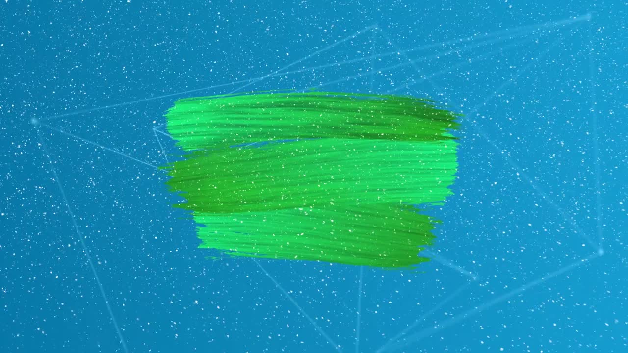 푸른 배경의 연결 네트워크에 대한 녹색 페인트 브러시 스트로크 위에 내리는 눈