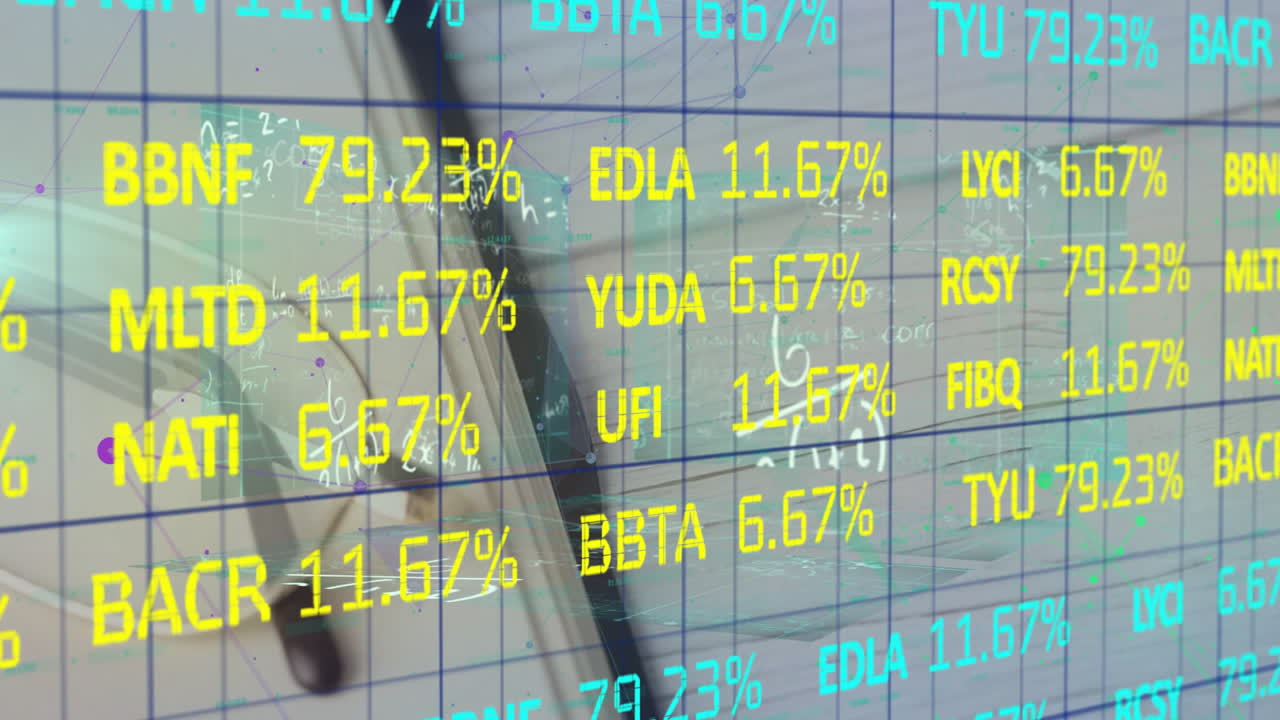 Displaying stock market data with percentages in animation on reflective surface