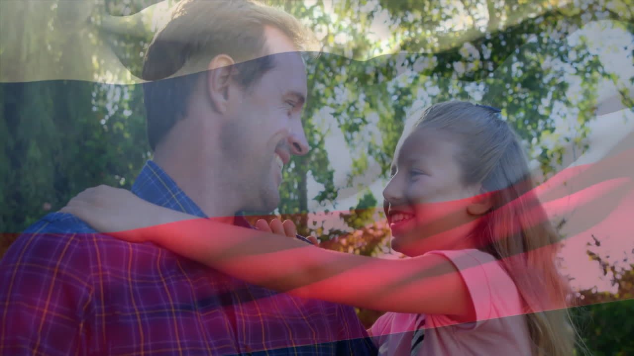 Holding Russian flag animation, father and child smiling together in sunny park