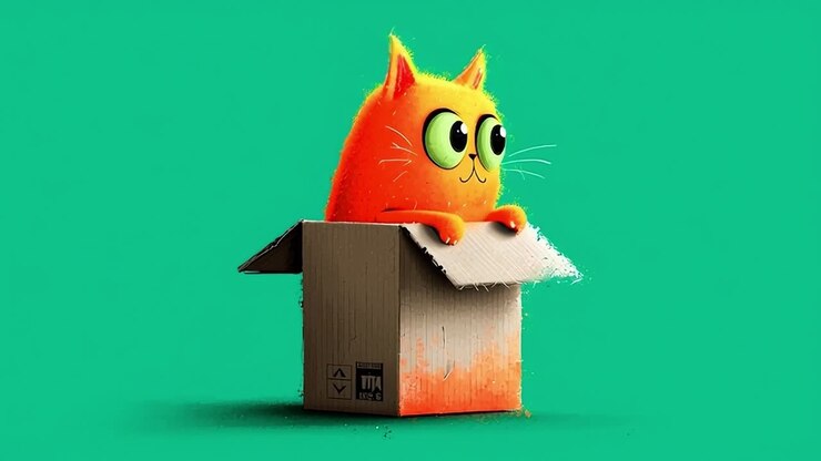 Cute Orange Cat in Cardboard Box on Teal