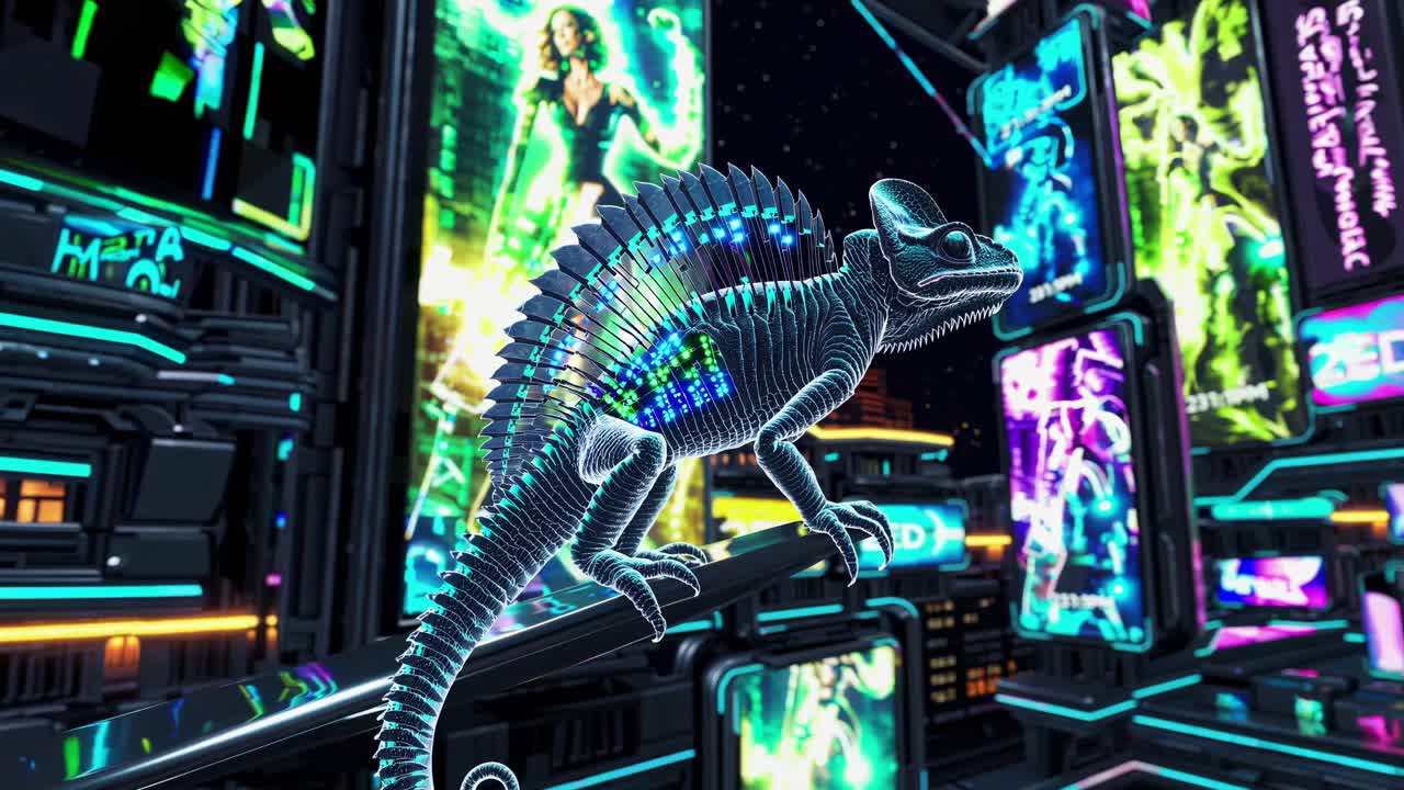 Cyberpunk Chameleon in a Futuristic Cityscape