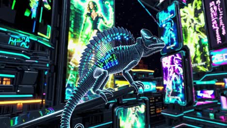 cyberpunk chameleon in a futuristic cityscape