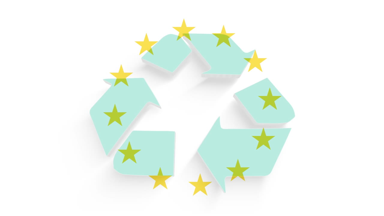 animación de las estrellas de la bandera de la unión europea con símbolo de reciclaje verde sobre fondo blanco