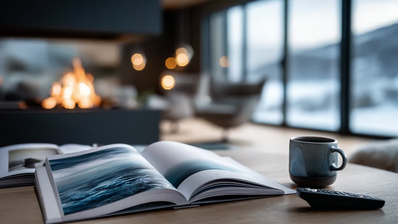 Cozy Indoor Scene Featuring an Open Magazine, a Warm Beverage, and a Modern Fireplace, Emphasizing Comfort and Style in a Contemporary Living Space Surrounded by Natural Light