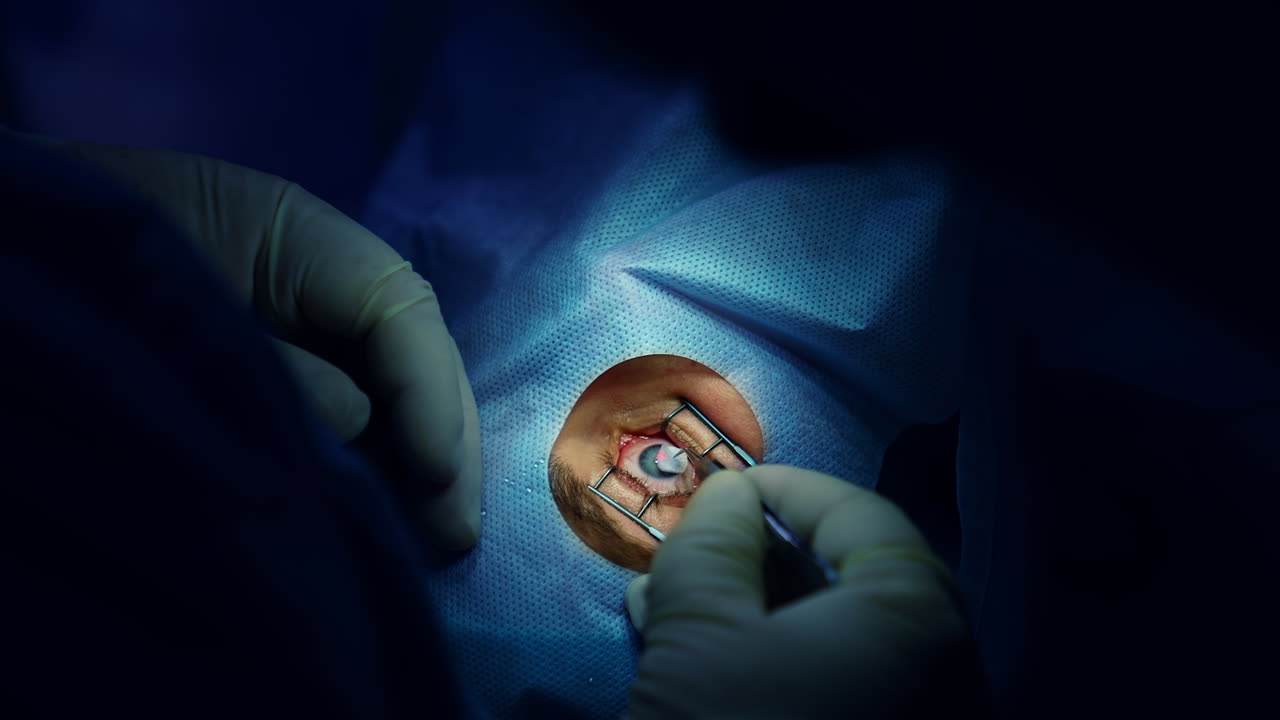 Patient under surgical microscope. Patient and surgeon in the operating room during ophthalmic surgery
