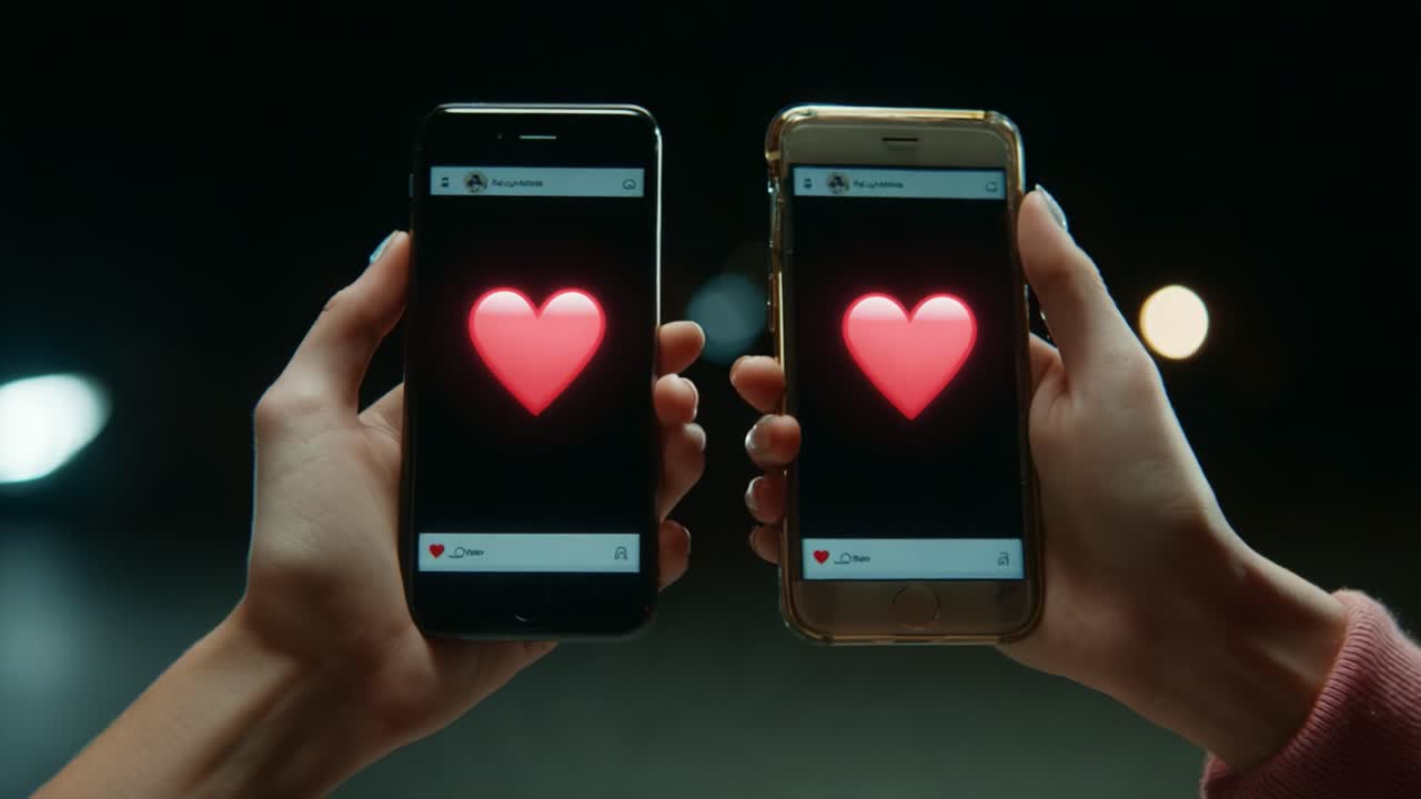 Two smartphones display red hearts on their screens, symbolizing love and connection in the digital age, as two hands hold them in a darkened setting, showcasing affection and modern communication