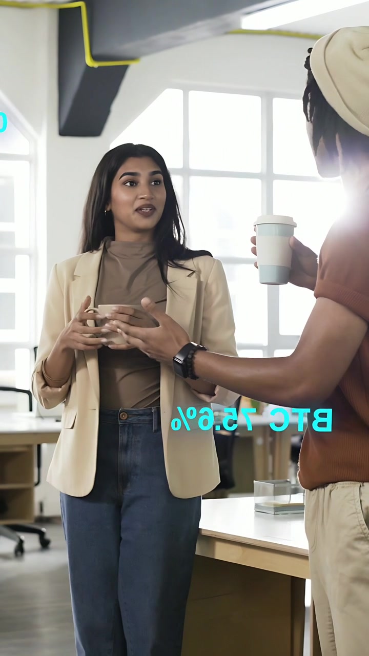 Vídeo vertical: Mulher segurando caneca gesticulando, homem erguendo a xícara causando bolhas animadas para negócios.