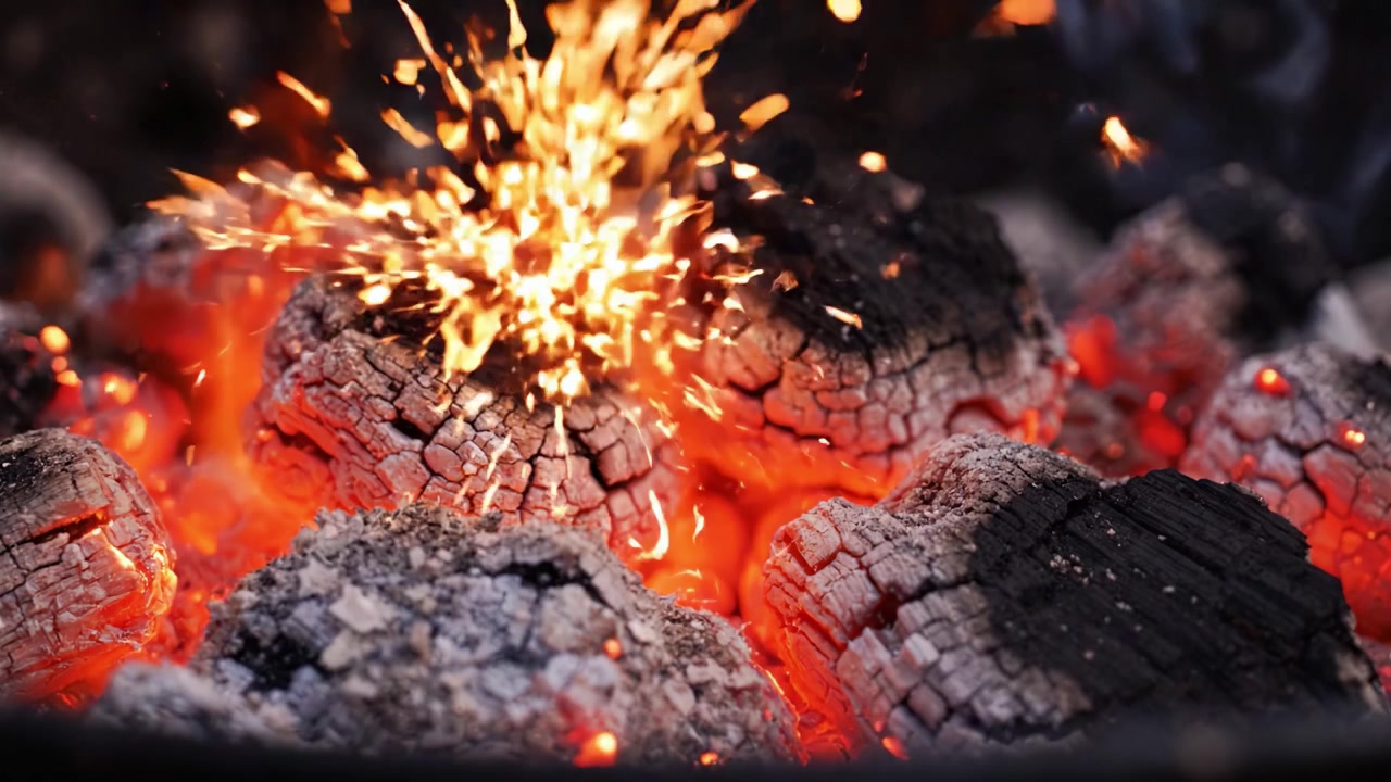 Brasas de carvão incandescentes: Uma vista em close-up do calor intenso e da energia liberada do carvão em brasa em um braseiro, perfeito para churrasco ou culinária ao ar livre.