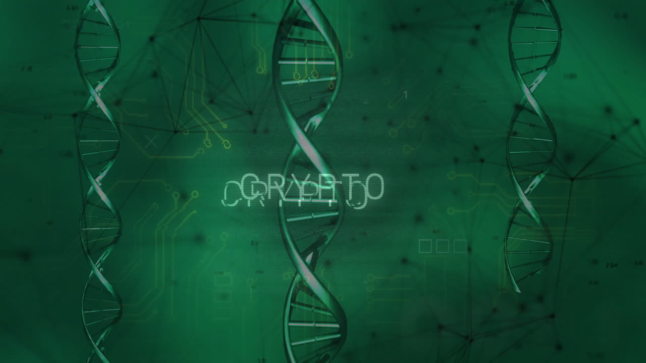 animación de texto criptográfico sobre cadenas de adn y red de conexiones en fondo verde
