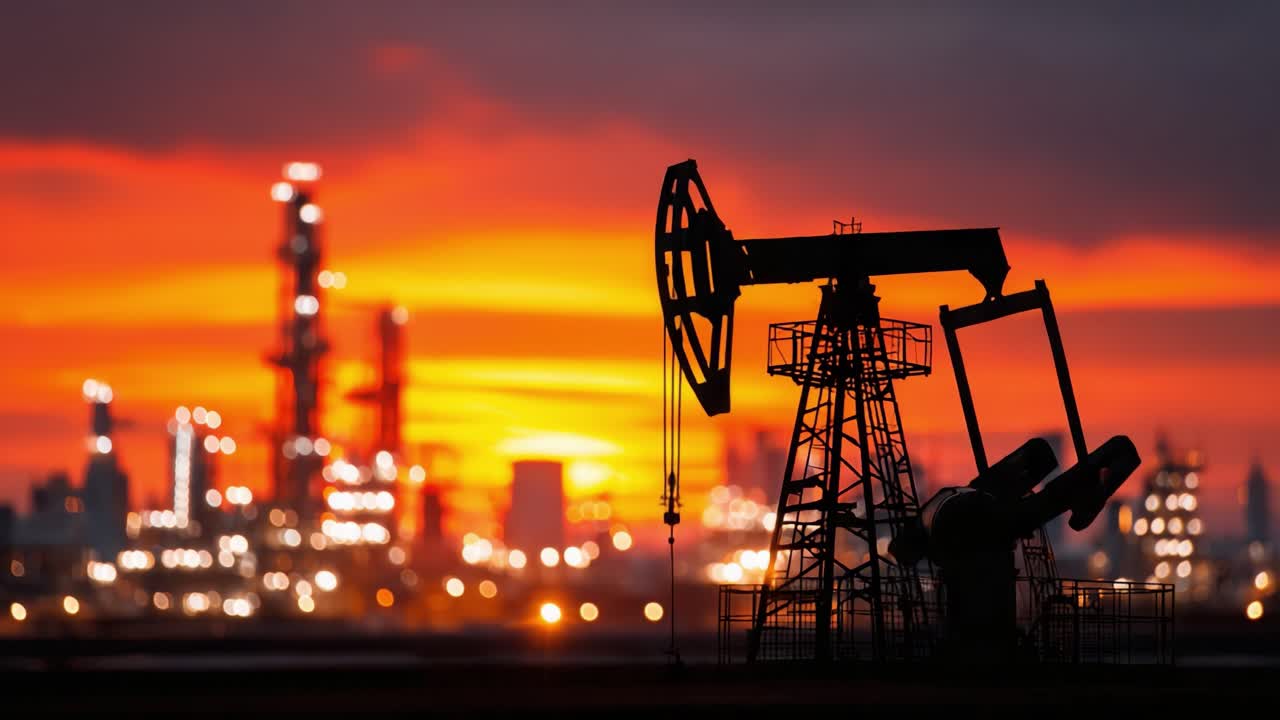 Endüstriyel Rafinerilerin Üzerinde Canlı Gün Batımı Gökyüzüne Karşı Silüet Halindeki Bir Petrol Pompası: Enerji Üretimi ve Çıkarma Süreçlerine Dinamik Bir Bakış Açısı.