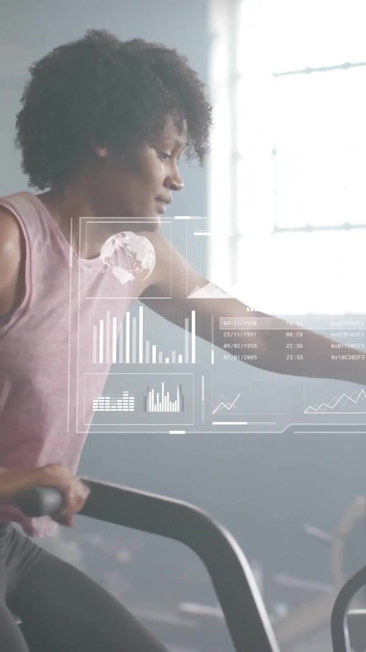 Animation of financial data processing over diverse people using elliptical bikes on gym