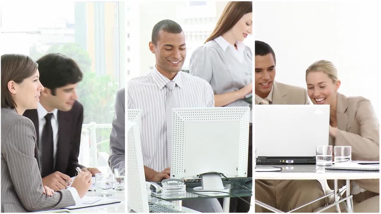 작업장에서 사람들을 보여주는 몬태지 영상