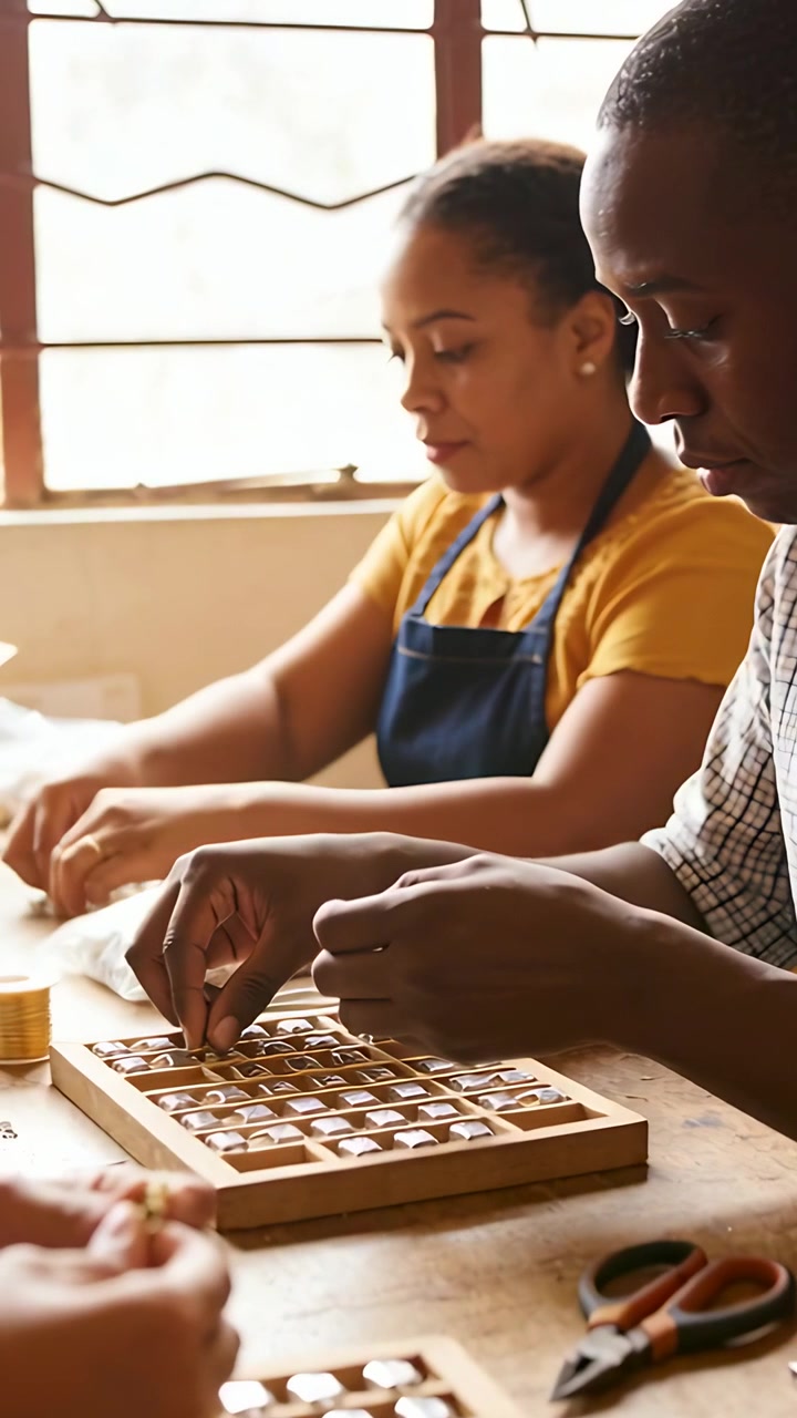 Vertical video: Assembling jewelry, pair in checked shirt yellow top sorting beads at worktable