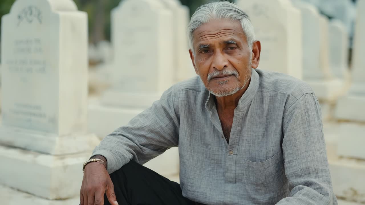 Senior man crouching in a cemetery, reflecting on cherished memories of deceased relatives, experiencing a deep sense of sadness and nostalgia during a poignant moment of remembrance