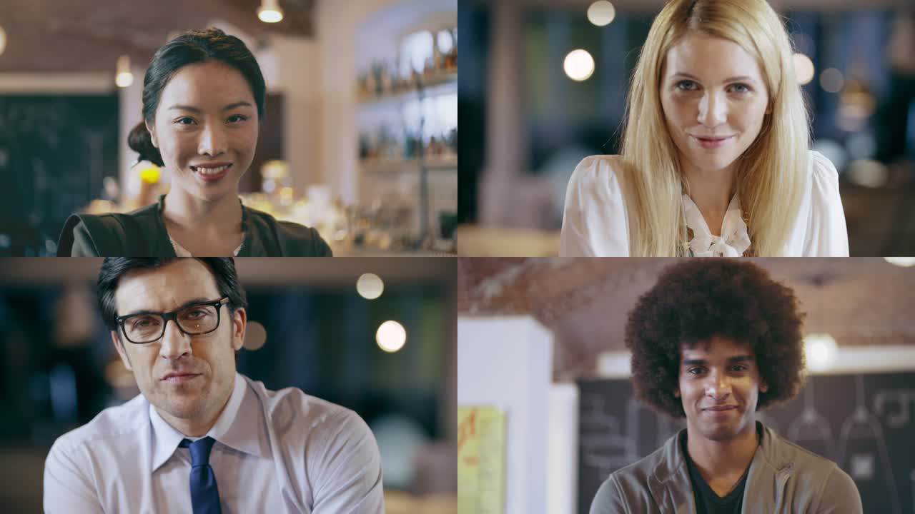 pantalla de pc de conferencia remota con interfaz de video llamada de equipo multiétnico. equipo de cuatro personas aplicación de trabajo remoto. apertura de reunión remota ui.