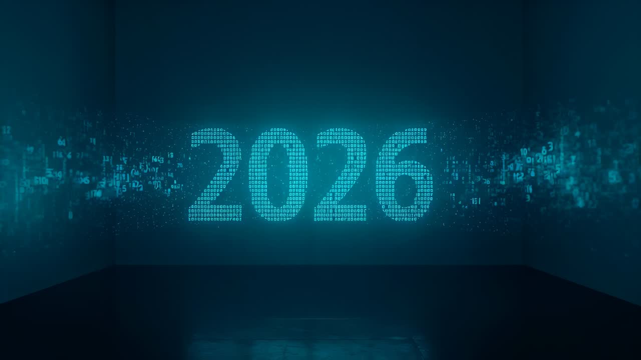 Particelle ciano convergenti con pulsazione da sinistra a destra, che rivelano una matrice di punti 2026 in studio, con luce sul pavimento