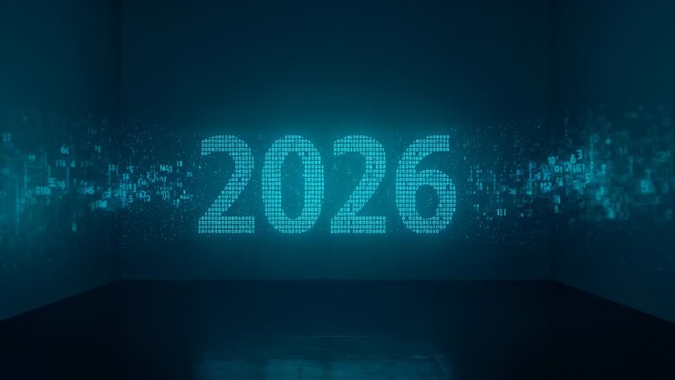 Converging cyan particles left-right pulsing, revealing dot-matrix 2026 in studio, floor glow