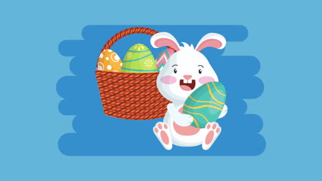 feliz tarjeta animada de pascua con conejo y huevos pintados en la canasta