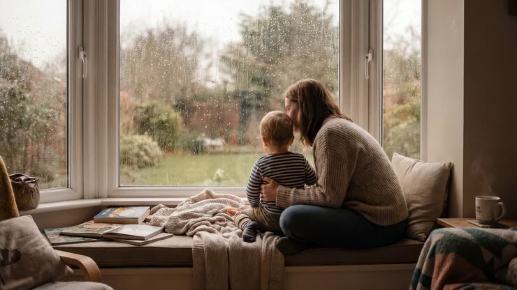 Cradling mother in knit sweater soothing toddler at bay window as rain streaking glass for comfort