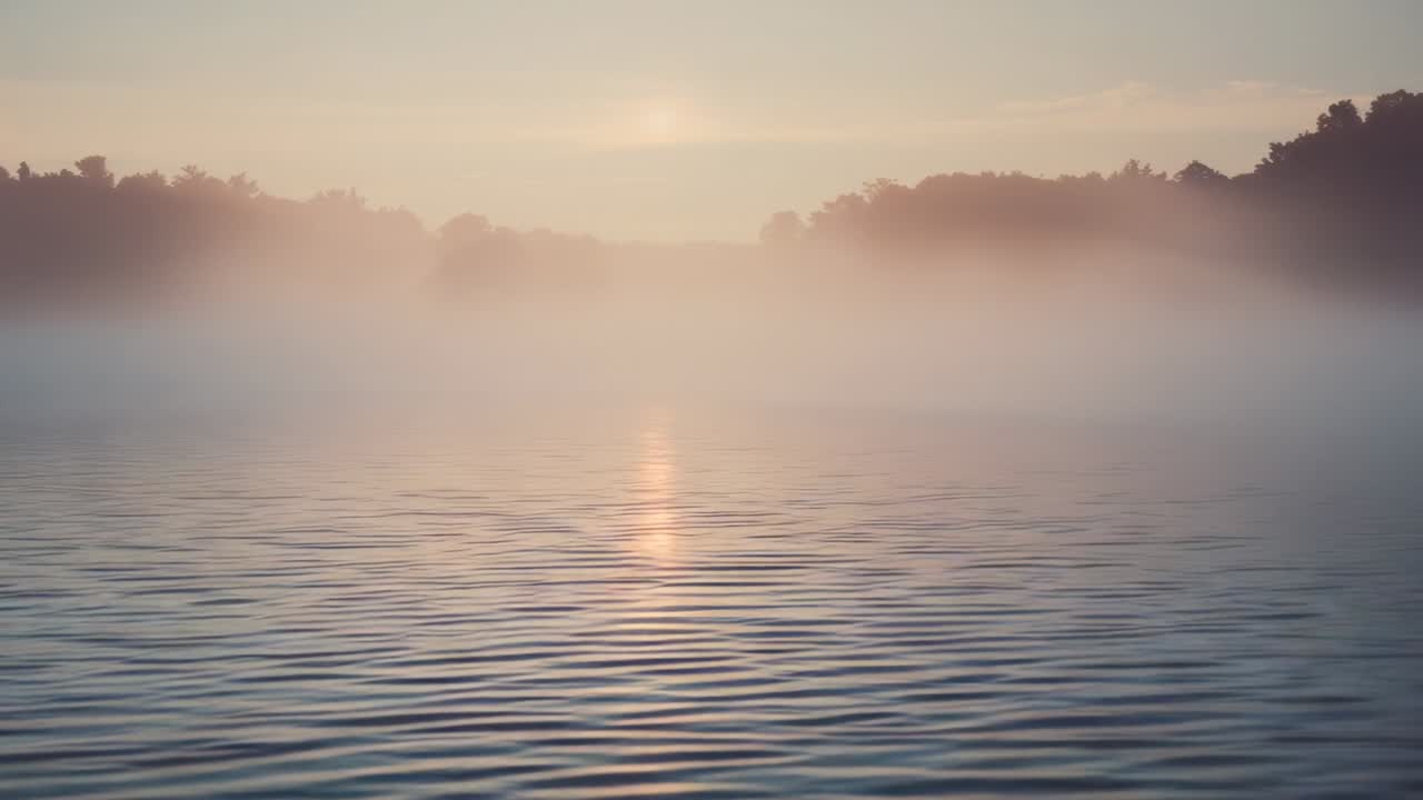 Rising pale sun lifting morning mist across calm lake water, revealing distant tree silhouette