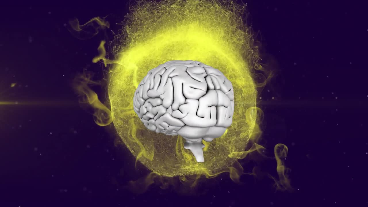 animación de un cerebro humano en 3d girando sobre un fondo púrpura.