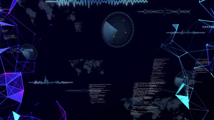 Animazione di analisi dati globali e scansione radar su mappa mondiale e grafici.