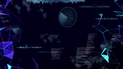 global data analysis and radar scanning animation over world map and graphs