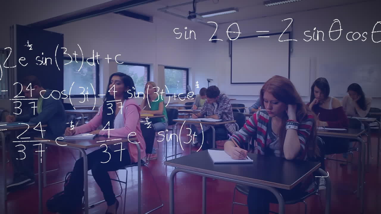 Students studying and mathematical equations