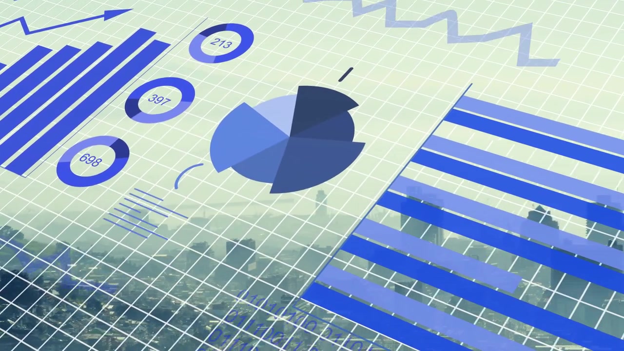 Zigzag starting, data chart animating bars rising, line drawing, pie forming, binary showing trends