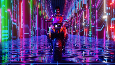 vj loop animation of a sci-fi girl riding a motorcycle in a cyber city