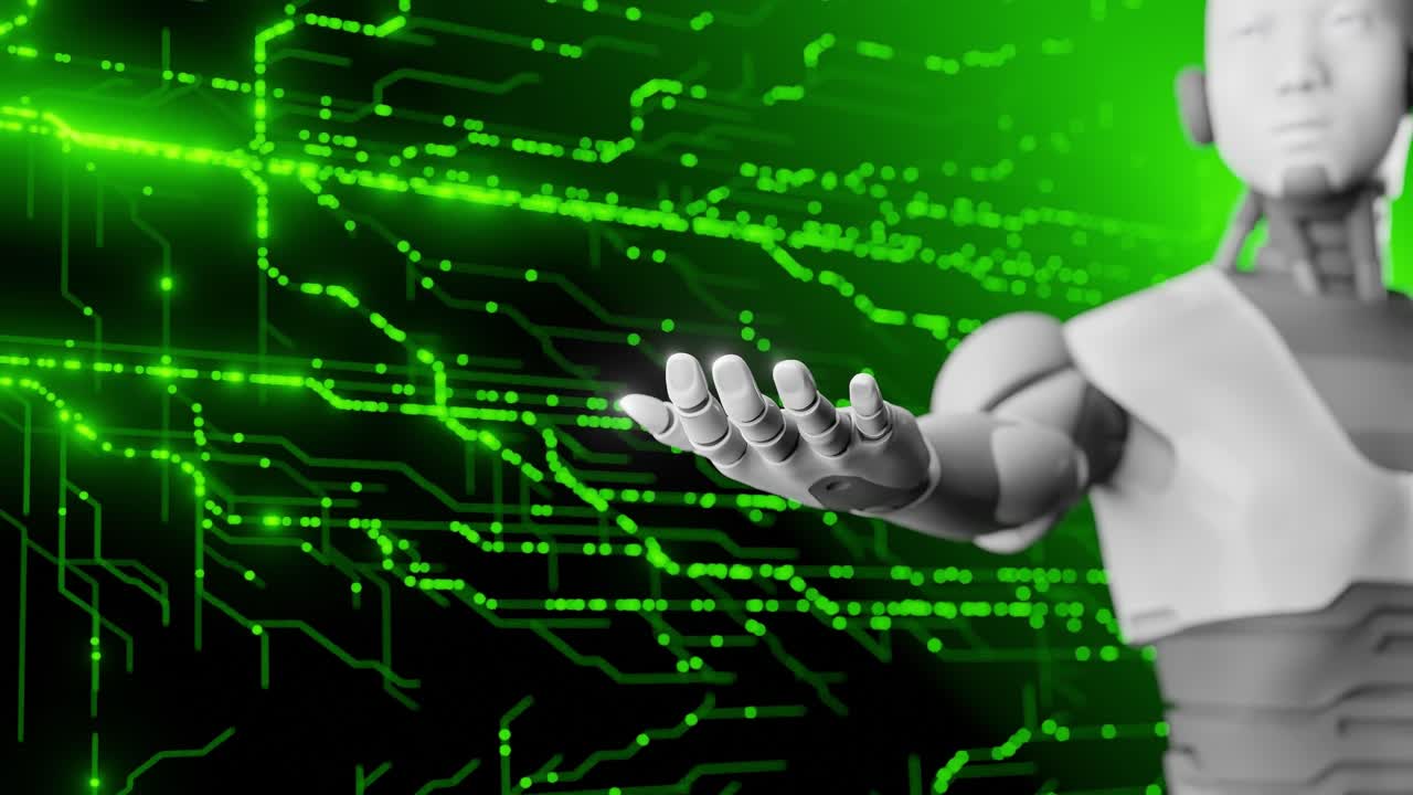 robot humanoide que se extiende con circuitos digitales fondo verde concepto de tecnología futurista inteligencia artificial y innovación robótica para el diseño vertical