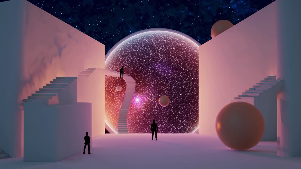 Surreal scene unfolds with figures navigating stairs, vibrant spheres, and cosmic backdrop, revealing a mesmerizing transition through a dreamlike environment