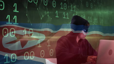 animación de codificación binaria con hacker sobre la bandera de corea del norte