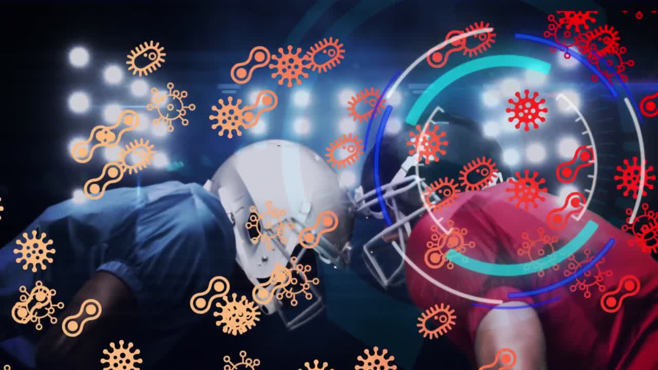 스타디움에서 뛰는 다양한 남성 럭비 선수에 대한 바이러스 세포의 애니메이션과 데이터 처리