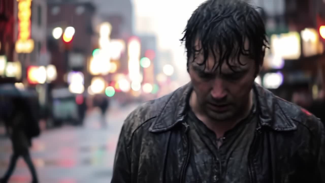 A Somber Figure in the Rain: Capturing the Emotions of Loneliness and Reflection on an Empty Urban Street Amidst a Drenched City Landscape