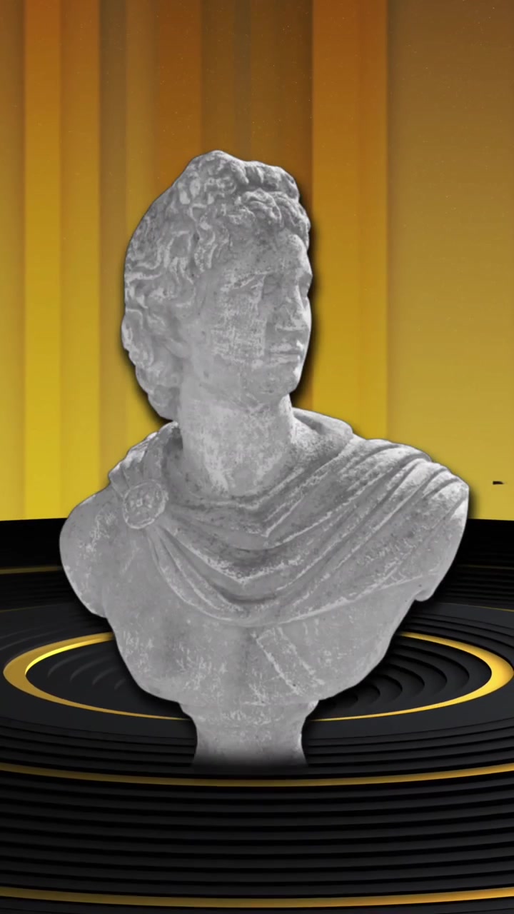 Animation of distorting female classical sculpture bust on black and gold rings with gold background