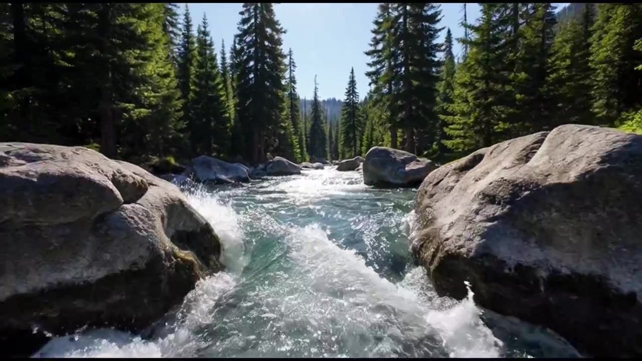 Fiume di montagna limpido che scorre attraverso una pineta
