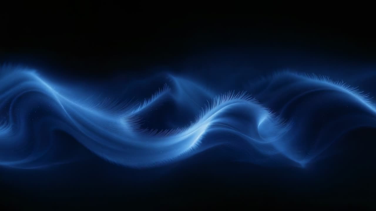 Starting frame sequence, blue ribbon centered undulating on deep black void, showing filaments