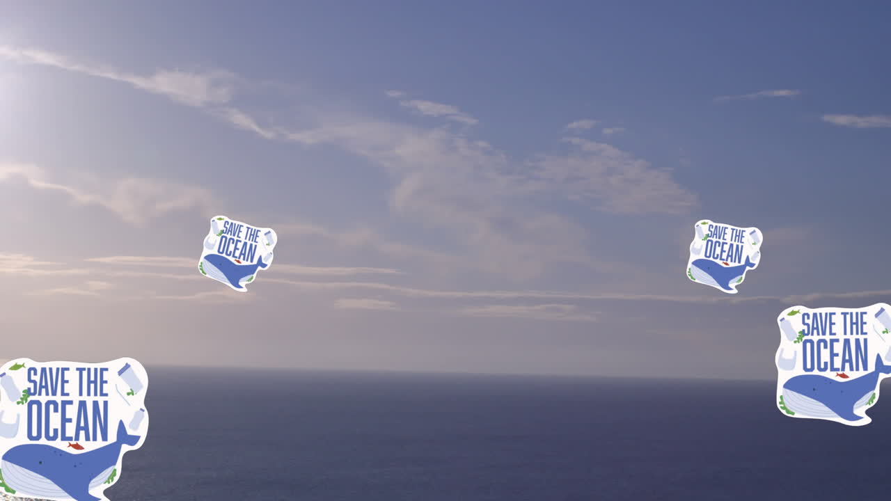 animación del texto de salvar el océano sobre iconos de ballenas y mar