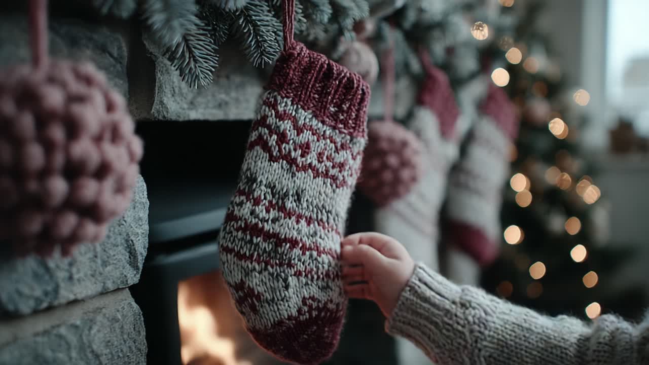 A Cozy Holiday Scene Featuring Knitted Stockings on a Stone Fireplace Surrounded by Festive Decor and a Warm Flame, Perfect for Celebrating the Winter Season