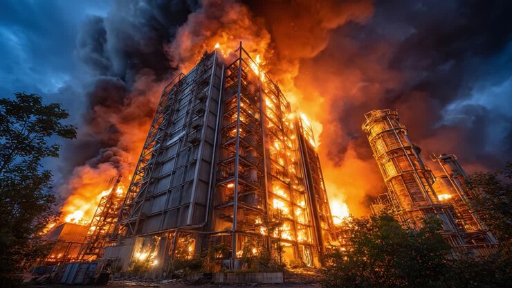 Escena dramática de un imponente edificio industrial envuelto en intensas llamas, con una espesa columna de humo negro elevándose hacia el cielo oscurecido durante un evento catastrófico de incendio