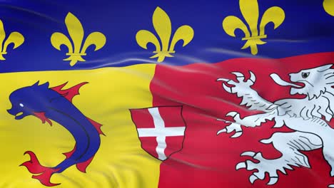 rhone-alpes (region of france) flag waving in the wind with highly detailed fabric texture. seamless loop