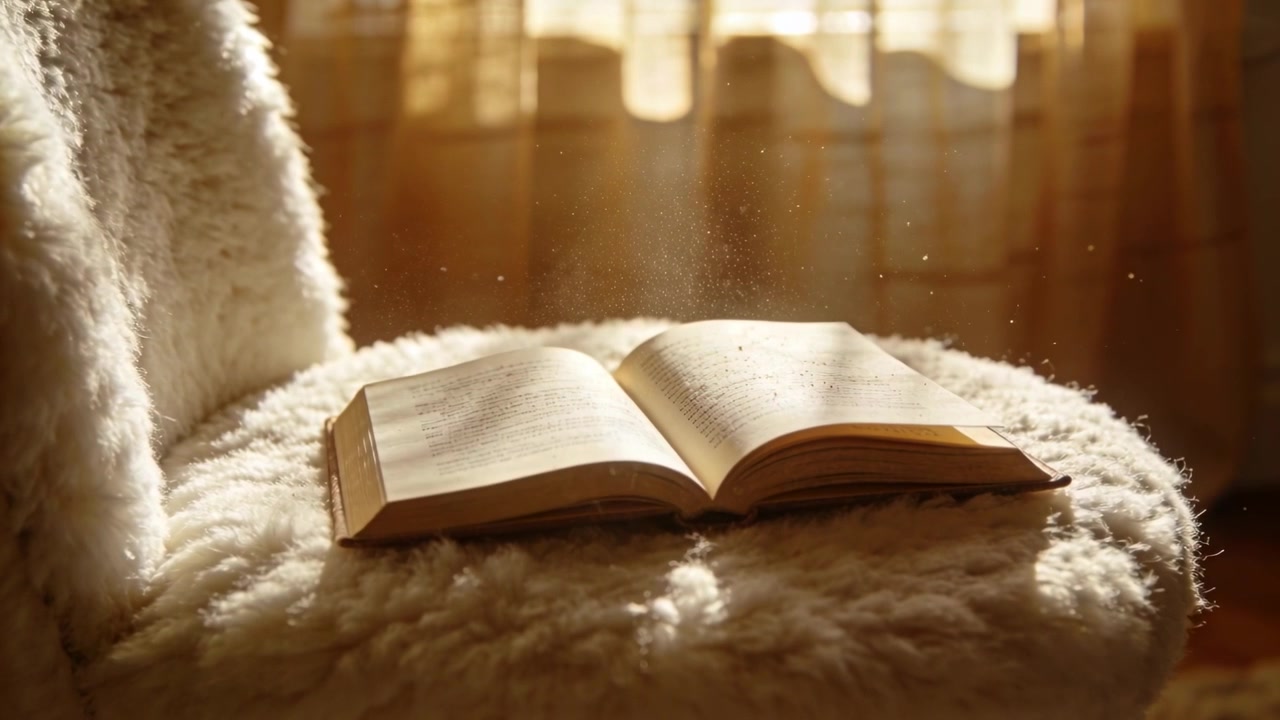 Raggi di sole che filtrano, mostrando particelle di polvere che fluttuano su un libro tascabile aperto su un sedile di pelliccia vicino a tende trasparenti.