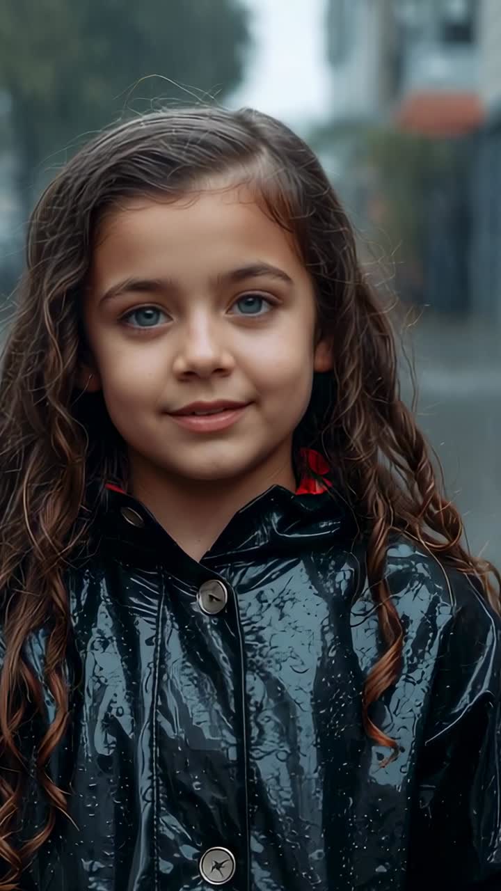 Vídeo vertical: criança sorrindo ao reagir à chuva em rua urbana, mostrando cabelo molhado e casaco brilhante