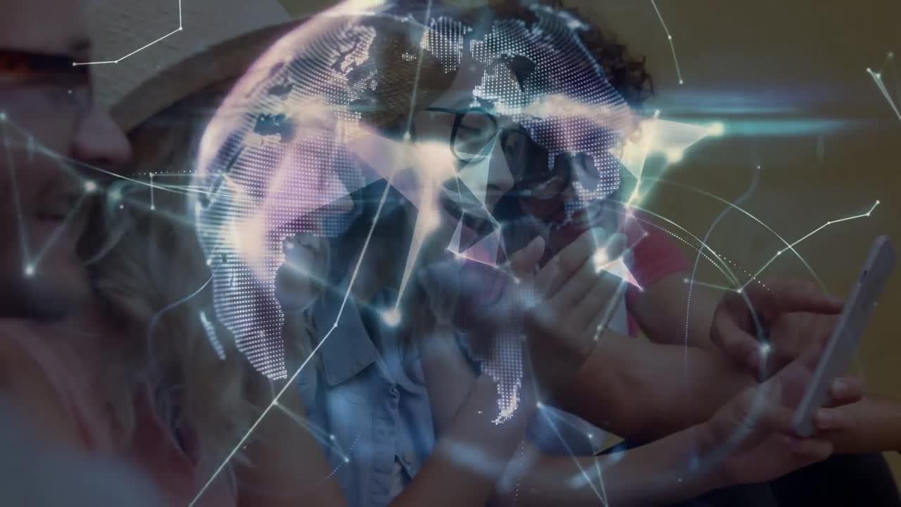 animación del procesamiento de datos con el mundo sobre un grupo diverso de demonios