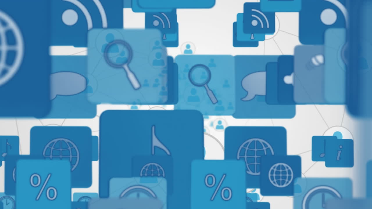 Animation of multiple digital icons falling over network of profile icons against grey background