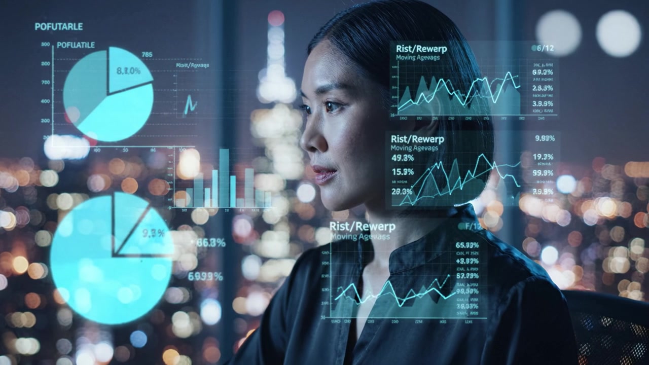 Focused Business Professional Analyzing Data Trends in a High-Rise Office Overlooking a City Skyline at Night with Digital Graphs Displayed