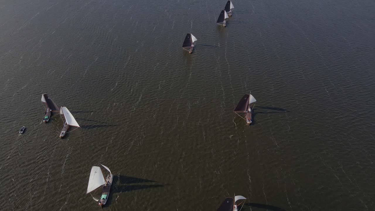 Luftfoto af skutsje-både, der ræser på Sneekermeer-søen under en sommerkonkurrence i Sneek, Friesland, Holland