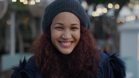 portrait cute young mixed race woman smiling cheerful enjoying happy urban lifestyle excited female wearing warm fashion in city