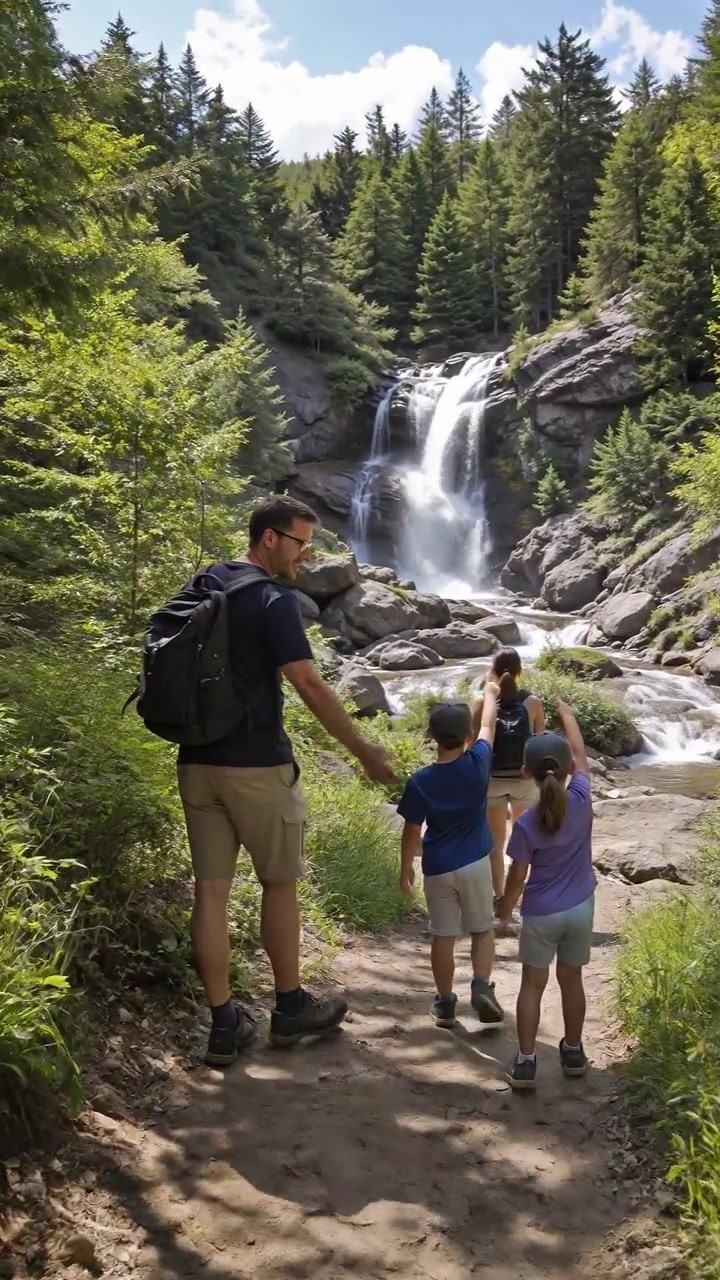 Family with two children hiking along a trail toward a powerful forest waterfall during daytime